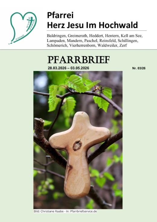 Das Titelblatt zum Pfarrbrief Nr. 03/2026 mit einem Foto eines kleinen Holzhandkreuzes an einem frischen Zweig.