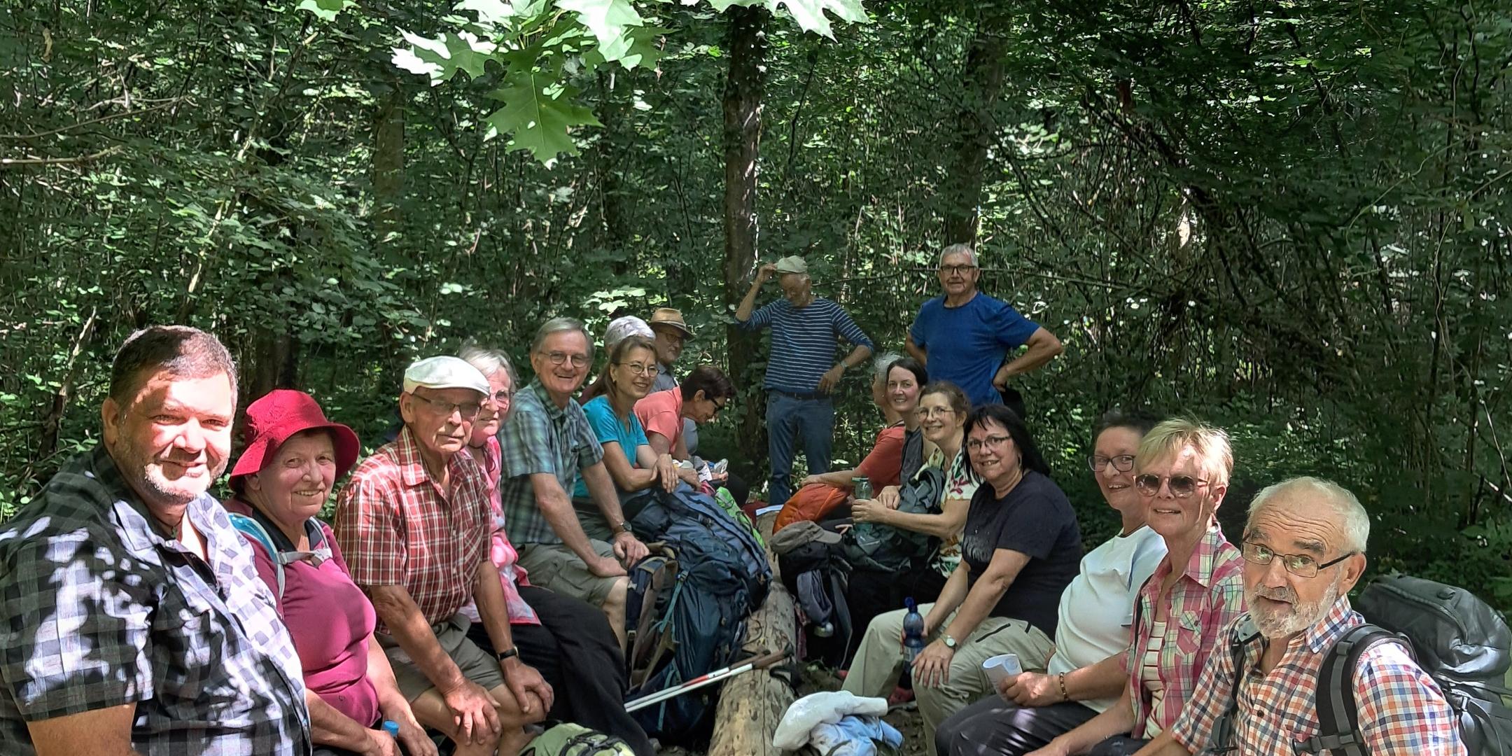 Eine Wandergruppe sitzt im Wald auf einfachen Holzbänken beisammen und macht eine Pause
