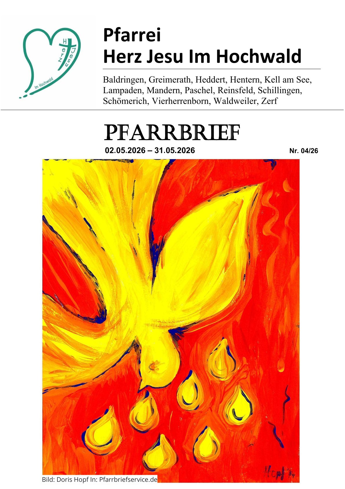 Pfarrbrief mit einer symbolhaften Pfingstdarstellung der Heilig-Geist-Taube in leuchtenden Rot- und Gelbtönen.