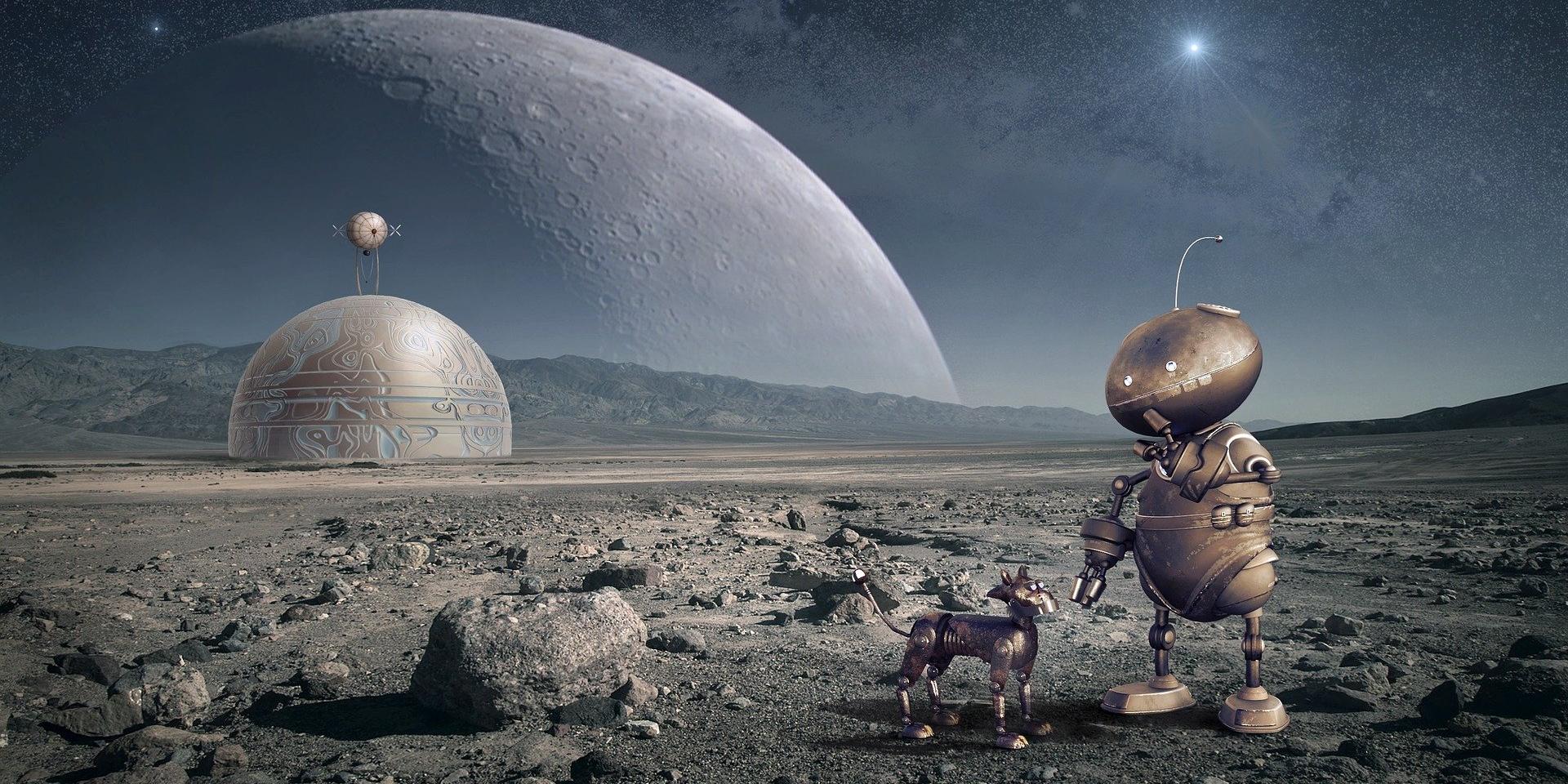 Ein kleiner Roboter und sein Hund stehen auf einer fremden, futuristischen Landschaft unter einem riesigen Mond.