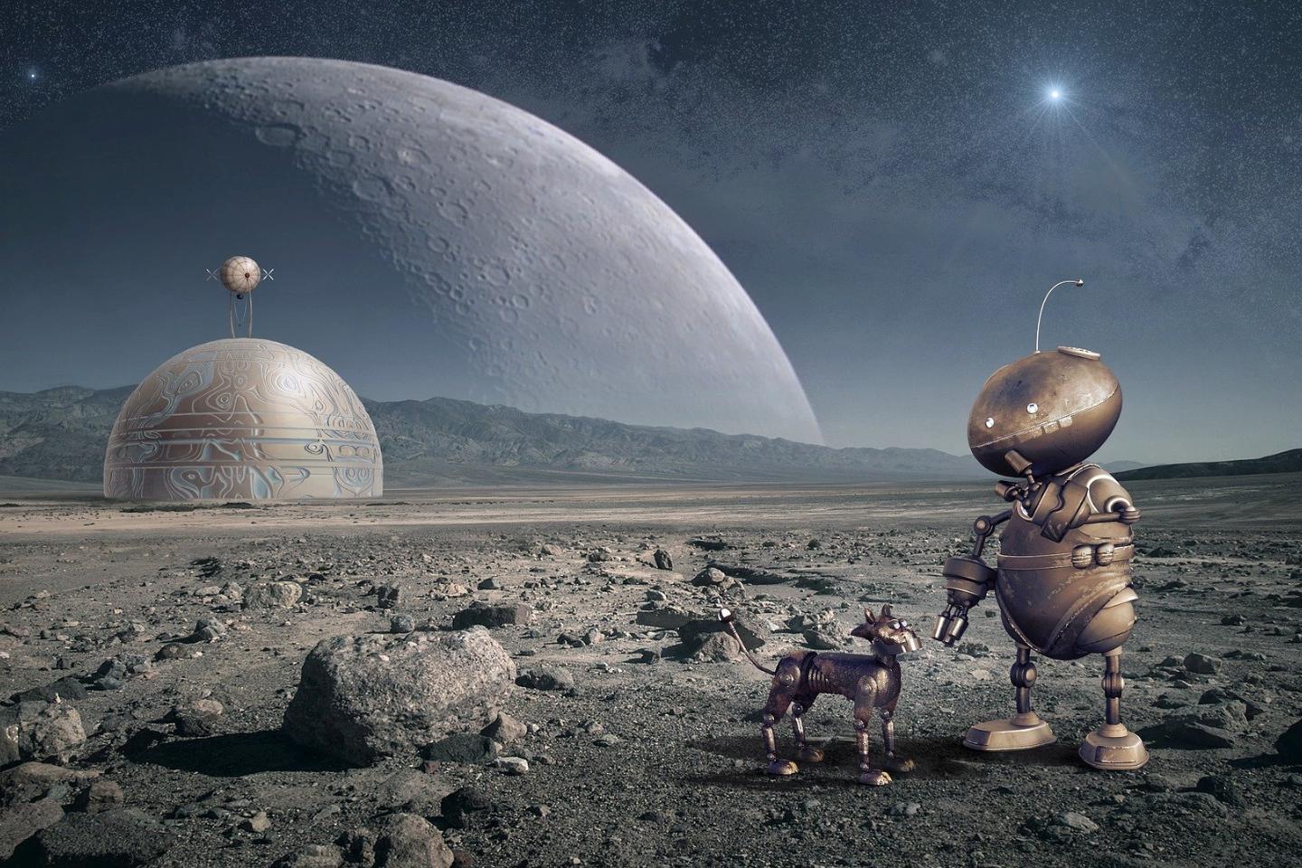 Ein kleiner Roboter und sein Hund stehen auf einer fremden, futuristischen Landschaft unter einem riesigen Mond.