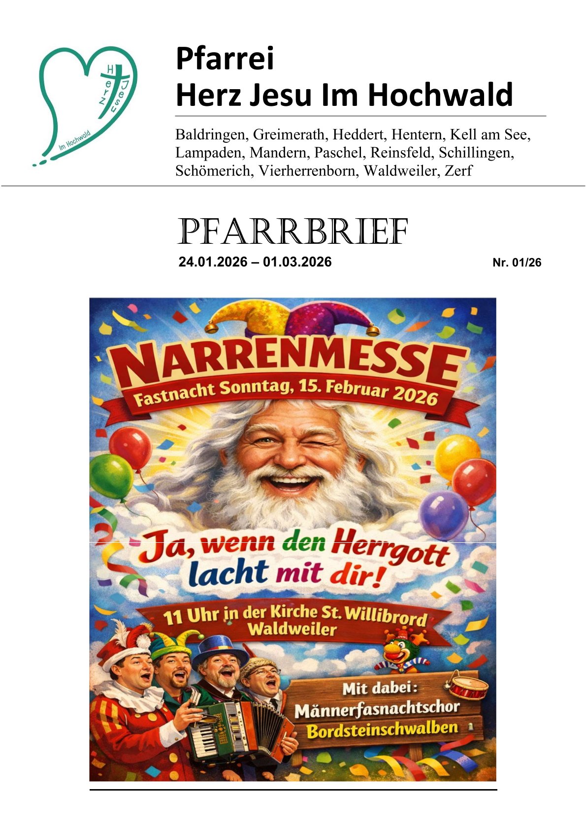 Das Titelblatt des Pfarrbriefs zeigt eine bunte Fastnachts‑Gestaltung mit Luftballons, Konfetti und einem Plakat zur ‚Narrenmesse’.