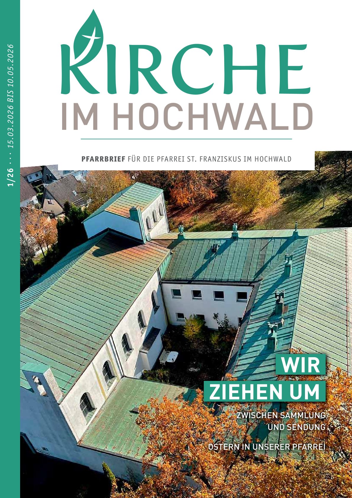Das Bild zeigt das Kulturkloster von oben, umgeben von Bäumen und dem Titel „Kirche im Hochwald'