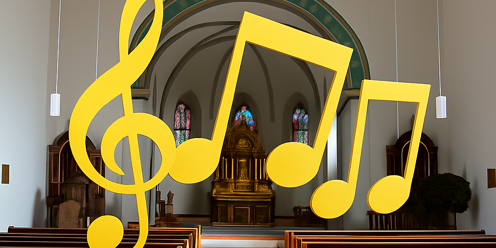 Das Bild zeigt den Innenraum einer Kirche mit Holzbänken und einem Altar im Hintergrund, darüber sind große gelbe Musiknoten und ein Notenschlüssel eingeblendet, die symbolisch für ein bevorstehendes Konzert stehen.