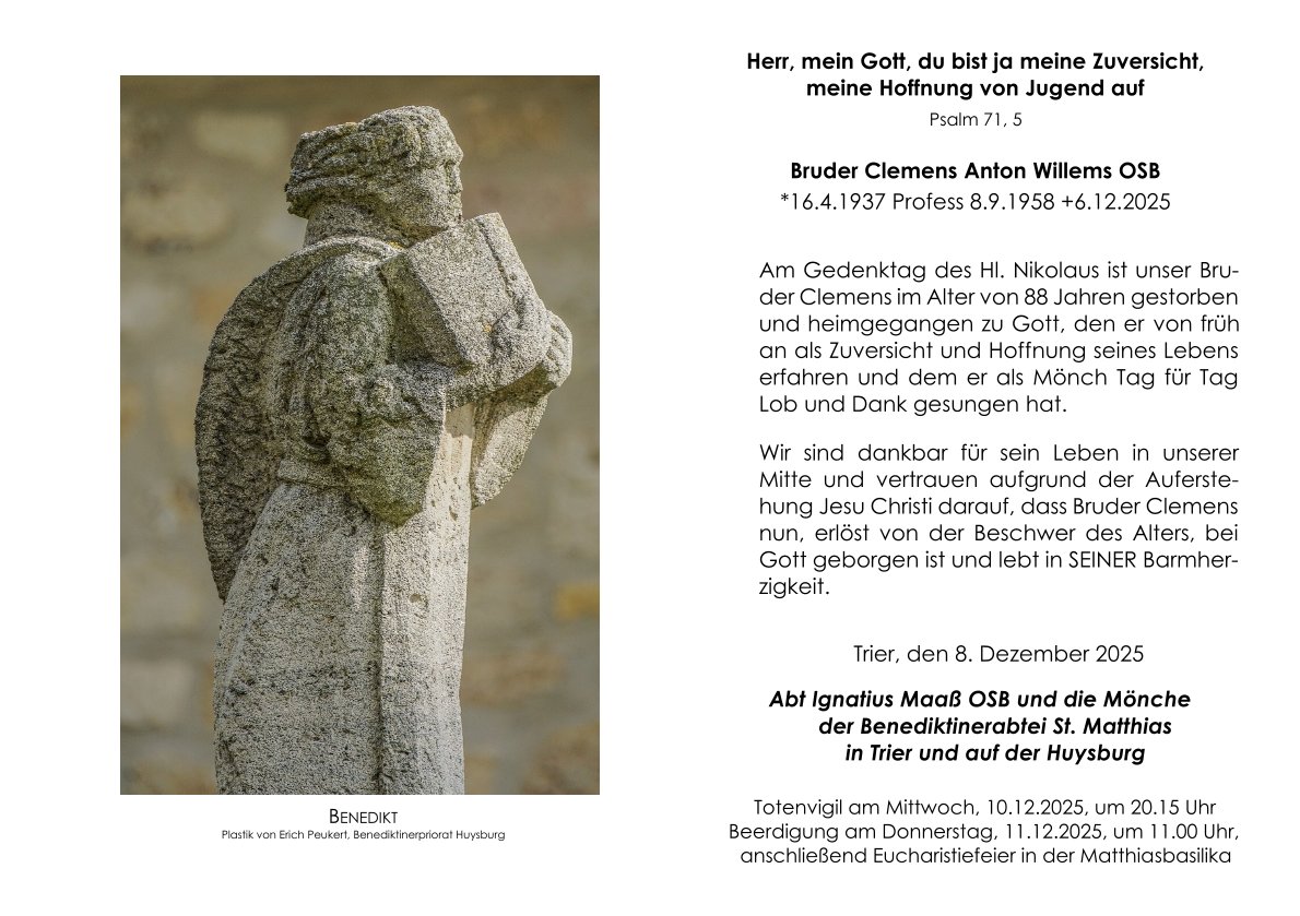 Traueranzeige für Bruder Clemens Anton Willems OSB