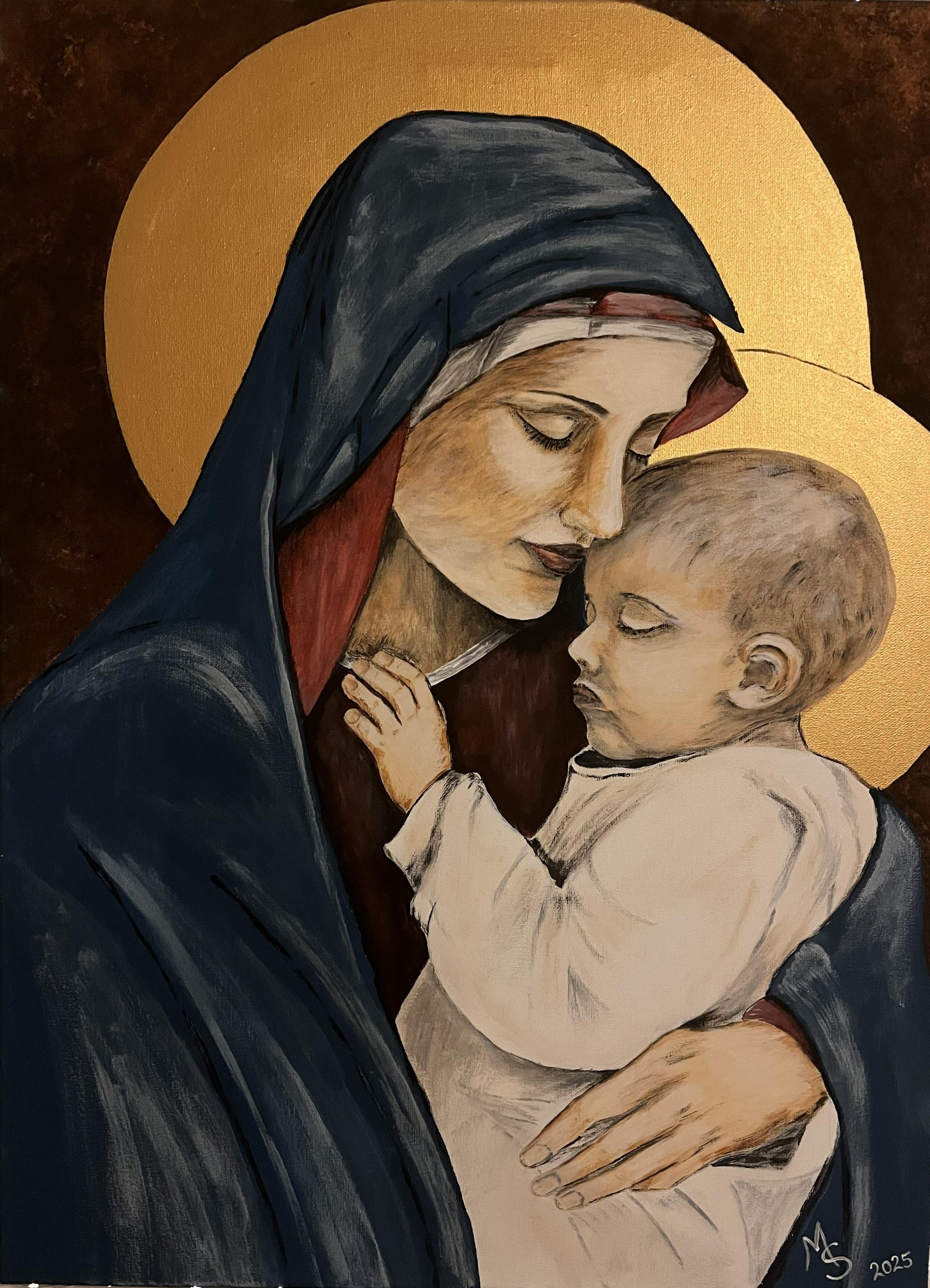 Das Gemälde zeigt Maria, die das Jesuskind liebevoll im Arm hält, beide von einem goldenen Heiligenschein umgeben (c) Margit Sperber Das Gemälde zeigt Maria, die das Jesuskind liebevoll im Arm hält, beide von einem goldenen Heiligenschein umgeben
