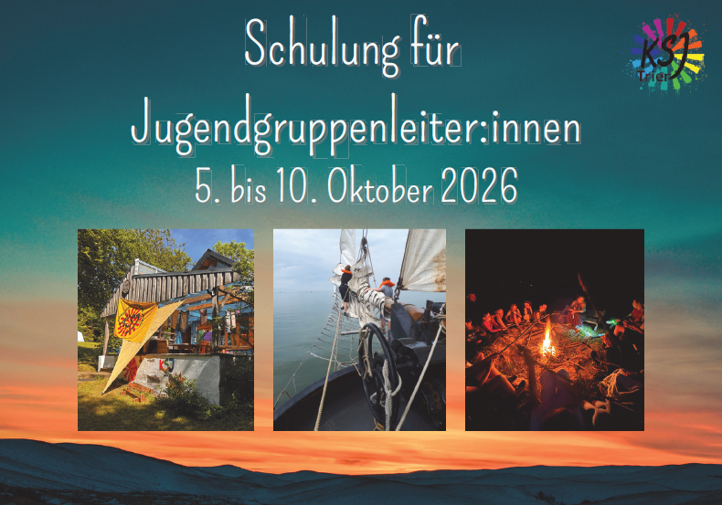 Flyer zur Schulung für Jugendgruppenleiter:innen mit Bildern von Lagerfeuer, Segeln und Jugendhaus.