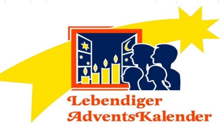 Das Bild zeigt ein stilisiertes Logo mit einer geöffneten Fensterfront, hinter der vier Kerzen brennen, umgeben von Sternen und Mond, daneben die Silhouetten mehrerer Personen vor einem großen gelben Stern und dem Schriftzug „Lebendiger AdventsKalender“.