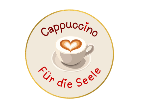 Rundes Logo mit goldenem Rand, in der Mitte eine Tasse Cappuccino mit Herz‑Latte-Art, umgeben von dem roten Schriftzug „Cappuccino für die Seele“. (c) Sandra Ackermann Rundes Logo mit goldenem Rand, in der Mitte eine Tasse Cappuccino mit Herz‑Latte-Art, umgeben von dem roten Schriftzug „Cappuccino für die Seele“.
