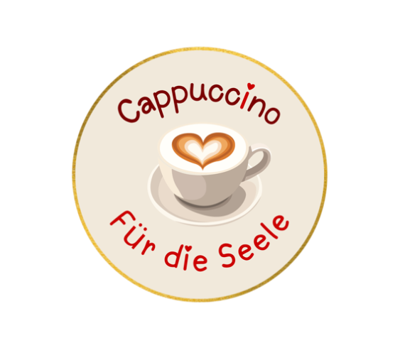 Rundes Logo mit goldenem Rand, in der Mitte eine Tasse Cappuccino mit Herz‑Latte-Art, umgeben von dem roten Schriftzug „Cappuccino für die Seele“.