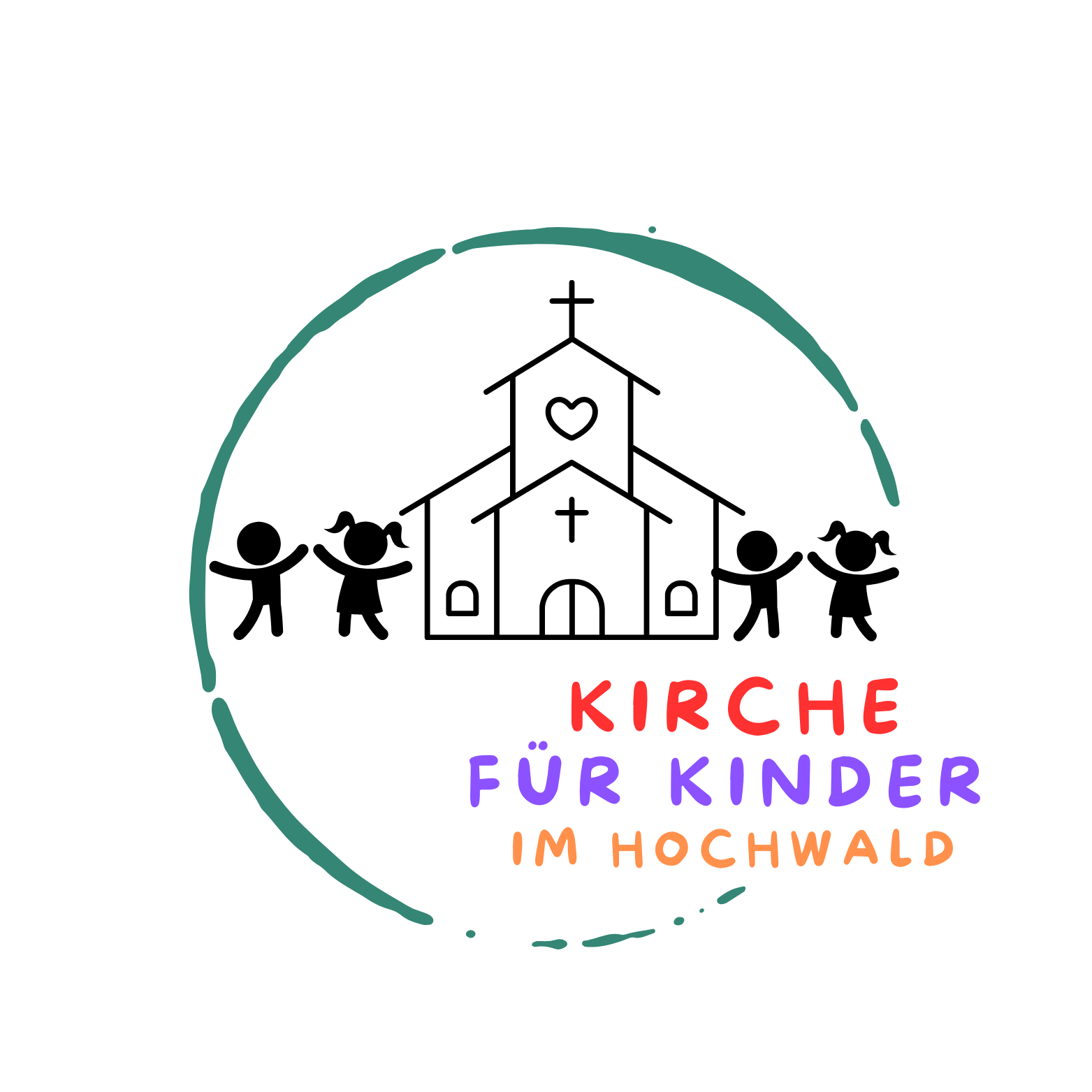 Logo: Eine stilisierte Kirche mit Kreuz und Herz in der Mitte, umgeben von vier gezeichneten Kindern, die sich an den Händen halten; darunter steht der Text „Kirche für Kinder im Hochwald“ in bunten Buchstaben. (c) Pastoraler Raum Hermeskeil Logo: Eine stilisierte Kirche mit Kreuz und Herz in der Mitte, umgeben von vier gezeichneten Kindern, die sich an den Händen halten; darunter steht der Text „Kirche für Kinder im Hochwald“ in bunten Buchstaben.