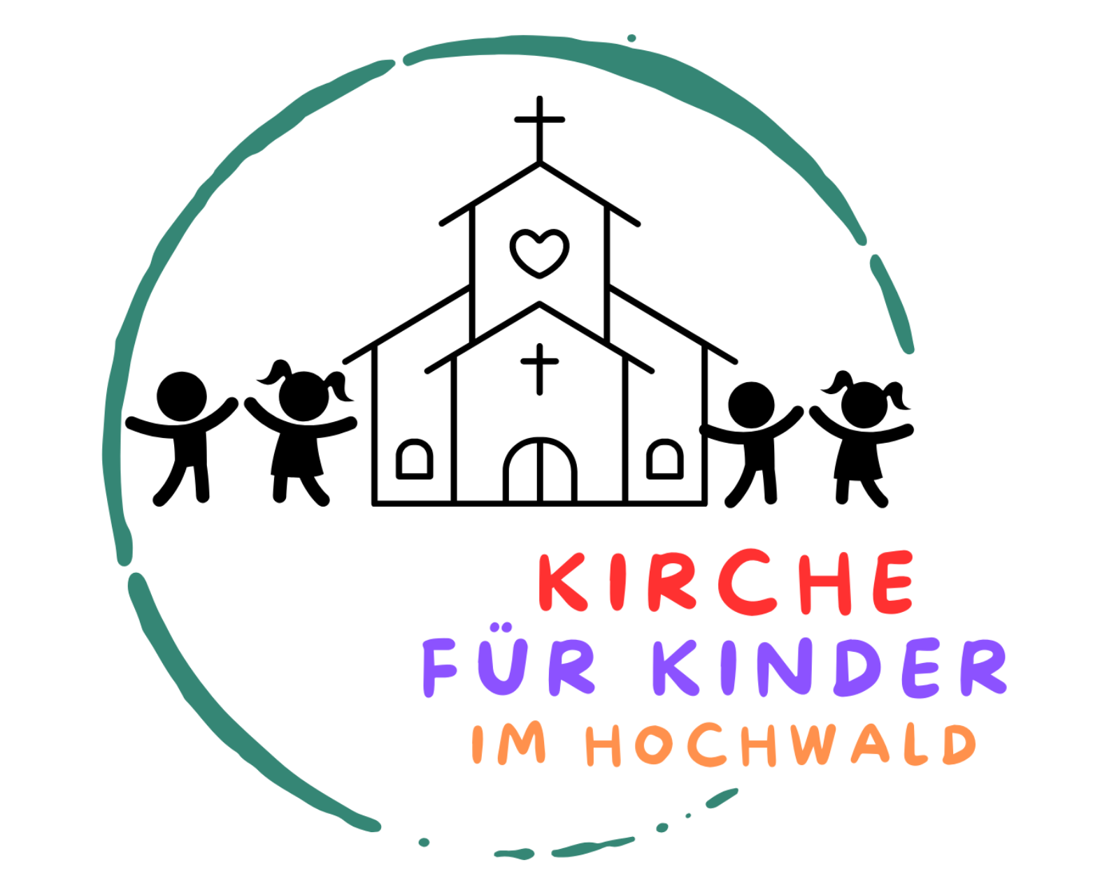 Logo Kirche für Kinder im Hochwald (c) Pastoraler Raum Hermeskeil Logo: Eine stilisierte Kirche mit Kreuz und Herz in der Mitte, umgeben von vier gezeichneten Kindern, die sich an den Händen halten; darunter steht der Text „Kirche für Kinder im Hochwald“ in bunten Buchstaben.