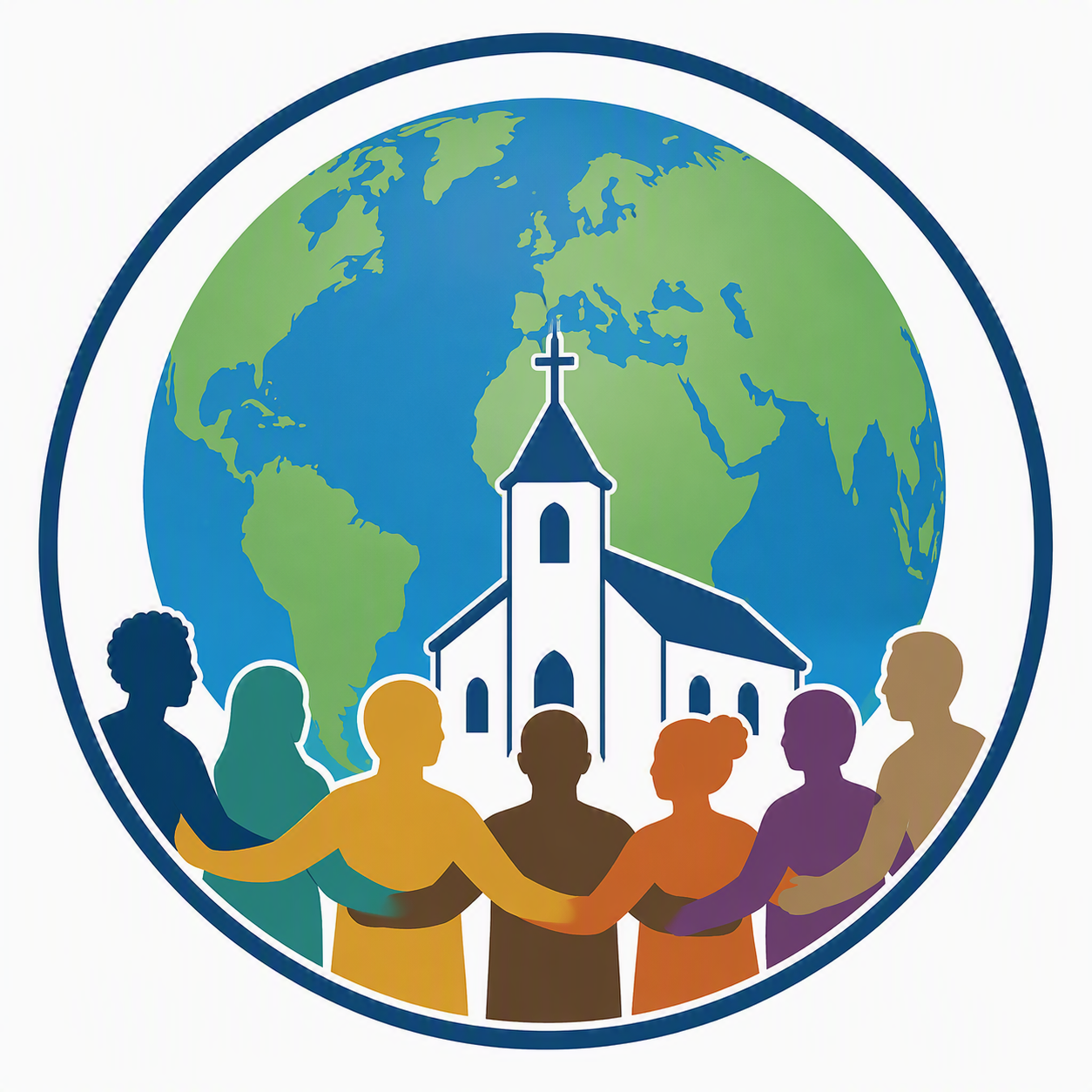 Kirche und Weltkugel mit Menschenkreis als Symbol für die Weltkirche