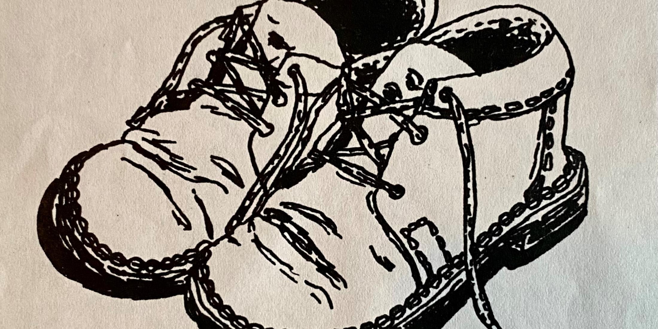 Abgenutzte Kinderschuhe liegen nebeneinander auf dem Boden. Die Schuhe sind als schwarz-weiße Zeichnung dargestellt.