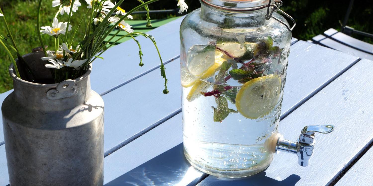 Ein Glasbehälter mit Zitronenwasser und ein Krug mit Gänseblümchen auf blauem Tisch.