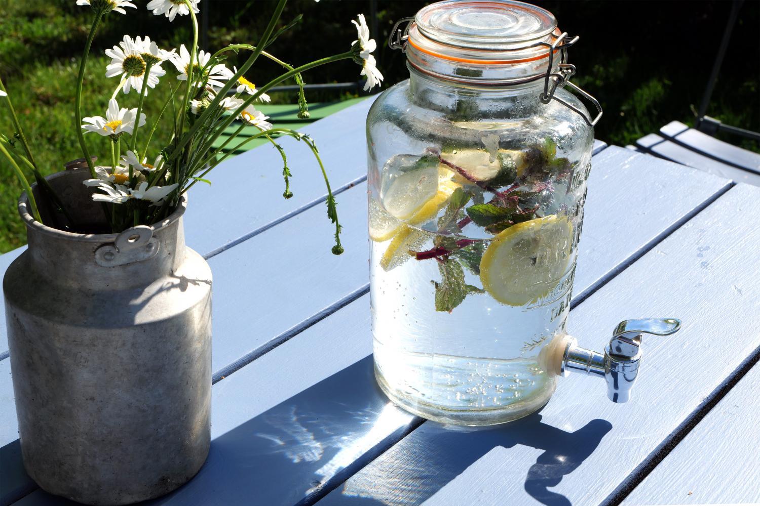 Ein Glasbehälter mit Zitronenwasser und ein Krug mit Gänseblümchen auf blauem Tisch.