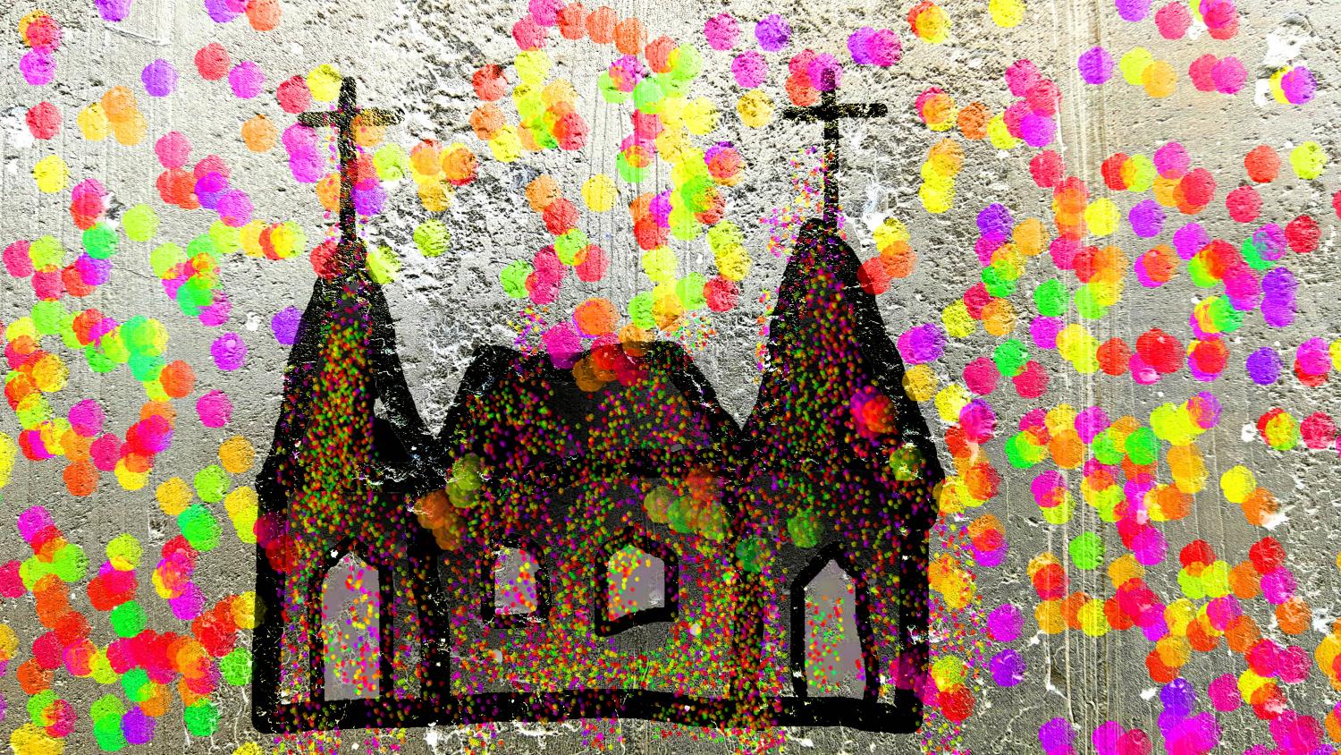Schwarze Silhouette einer Kirche mit zwei Türmen vor grauem Hintergrund, umgeben von vielen bunten Punkten.
