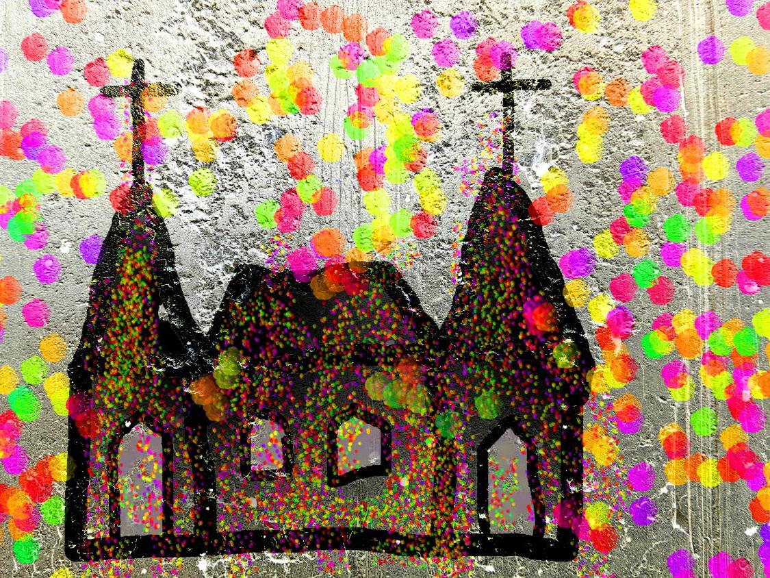 Schwarze Silhouette einer Kirche mit zwei Türmen vor grauem Hintergrund, umgeben von vielen bunten Punkten.