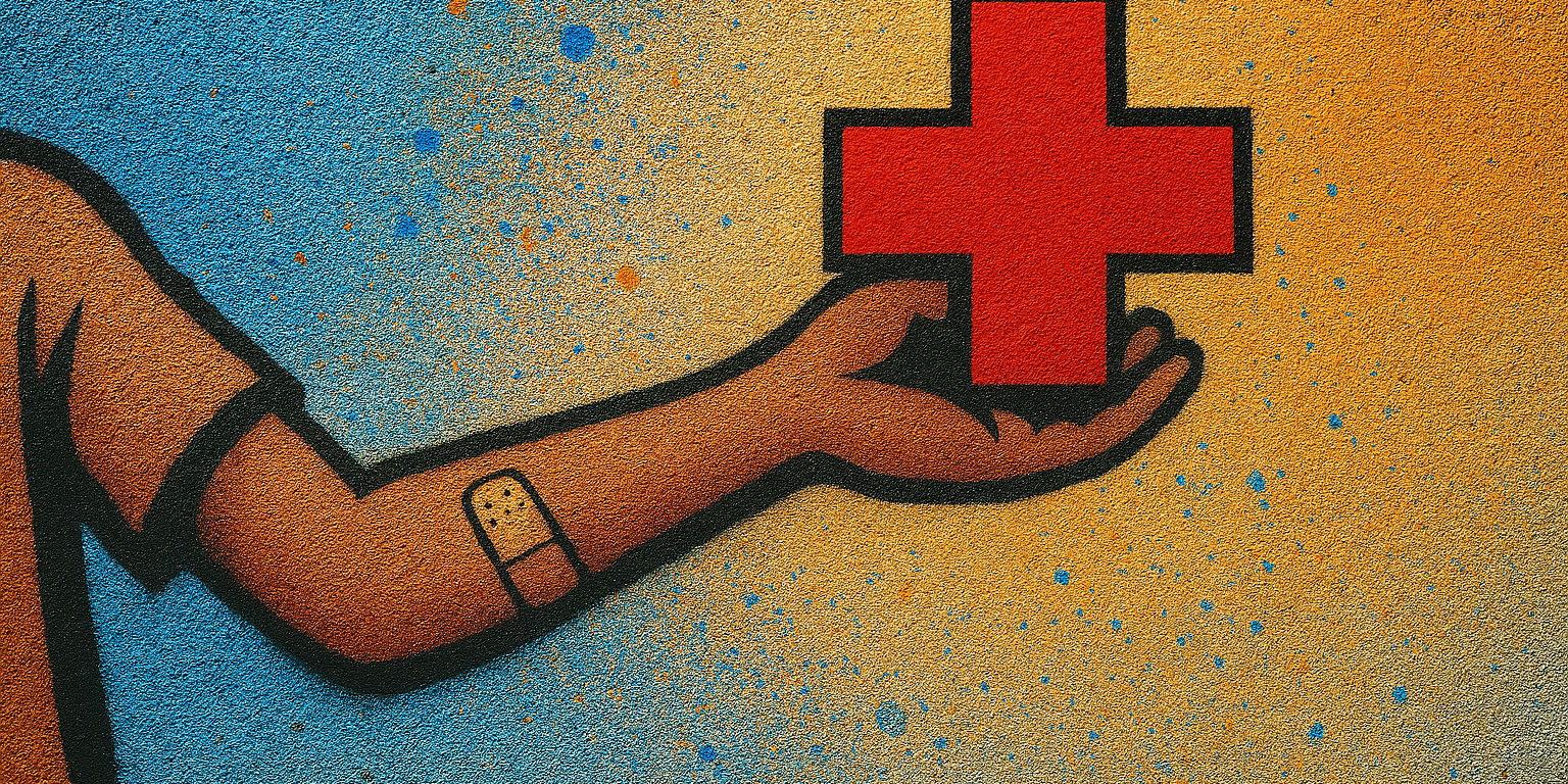 Gesprühte Street-Art zeigt einen ausgestreckten Kinderarm mit Pflaster, der ein großes rotes Erste-Hilfe-Kreuz