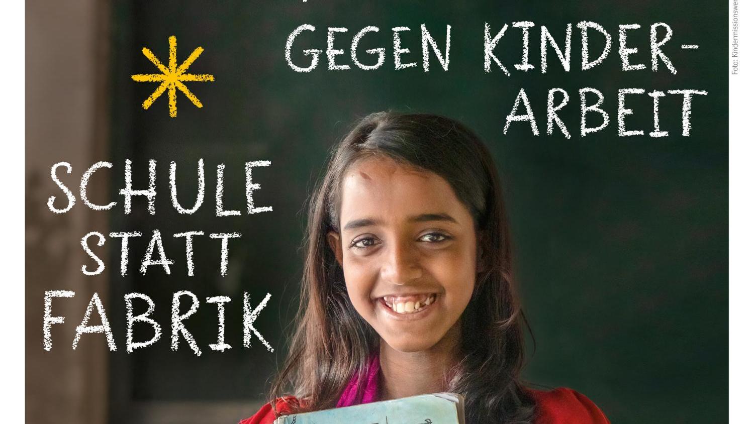Das Plakat zeigt eine Person in roter Kleidung, die ein Schulbuch mit einer Zeichnung von Kindern hält.