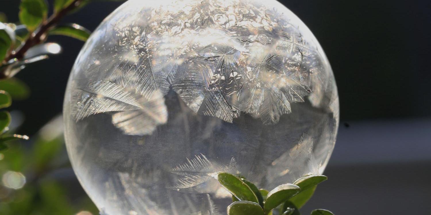 Klare Glaskugel mit gefrorenen Eiskristallmustern im Sonnenlicht, umgeben von grünen Blättern.