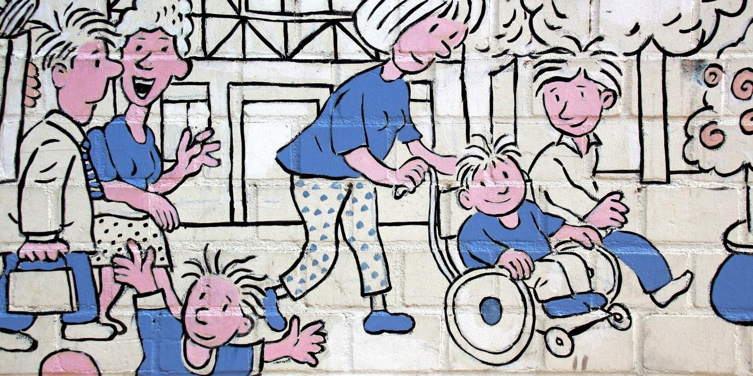 Wandbild mit fröhlichen Menschen, darunter ein Kind im Rollstuhl. Wandbild mit fröhlichen Menschen, darunter ein Kind im Rollstuhl und spielende Kinder.