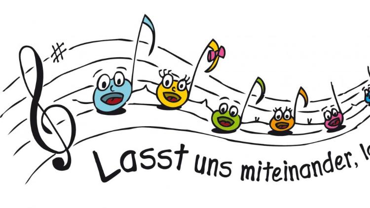 Bunte, fröhliche Noten mit Gesichtern auf einer Notenlinie, dazu Text 'Lasst uns miteinander'.