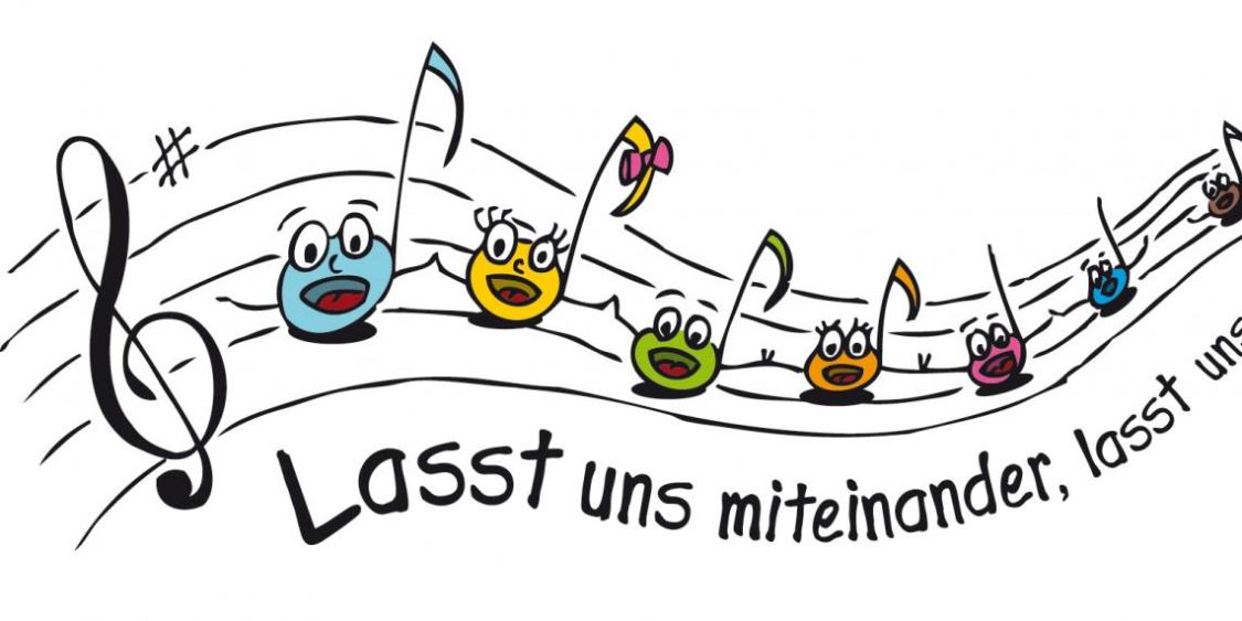 Bunte, fröhliche Noten mit Gesichtern auf einer Notenlinie, dazu Text 'Lasst uns miteinander'.