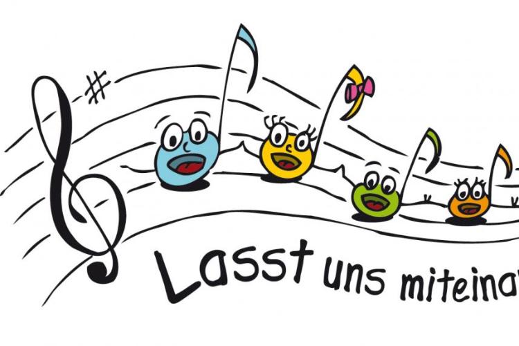Bunte, fröhliche Noten mit Gesichtern auf einer Notenlinie, dazu Text 'Lasst uns miteinander'.