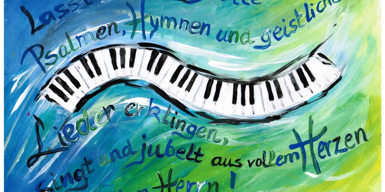 Ein farbiges Bild mit einer geschwungenen Klaviertastatur und einem Bibelvers aus Epheser 5,19 in bunter Schrift.