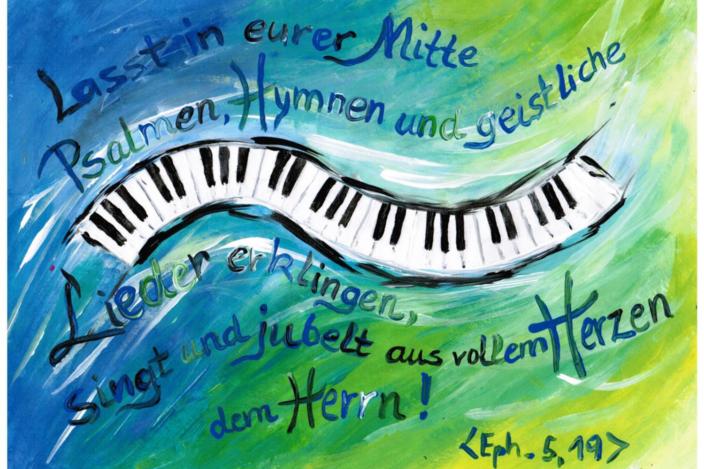 Ein farbiges Bild mit einer geschwungenen Klaviertastatur und einem Bibelvers aus Epheser 5,19 in bunter Schrift.
