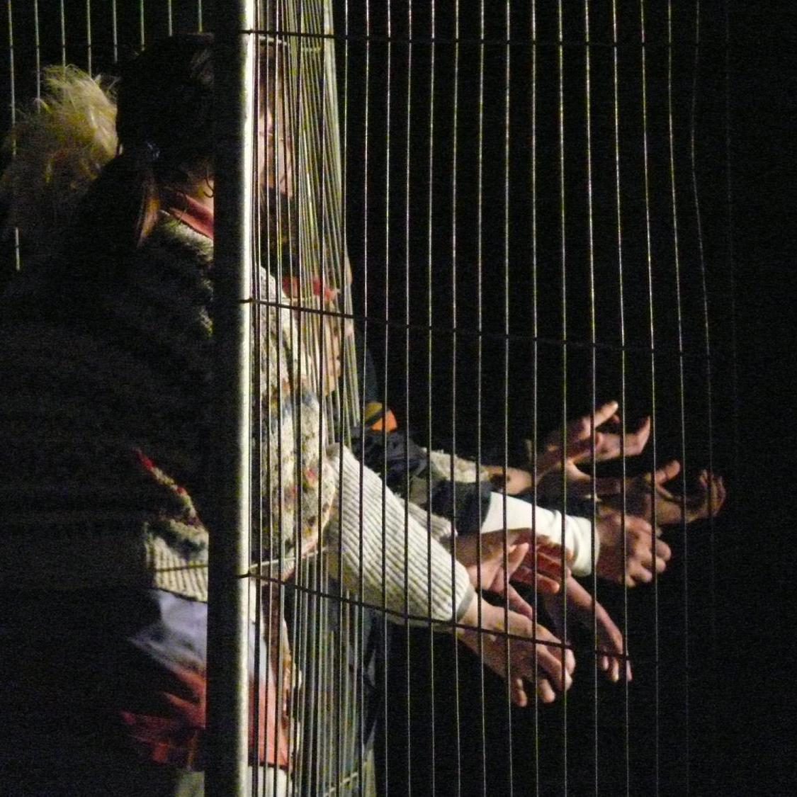 Mehrere Personen stehen dicht hinter einem Gitterzaun, ihre Arme und Hände greifen durch die Stäbe nach vorne in Richtung Licht.