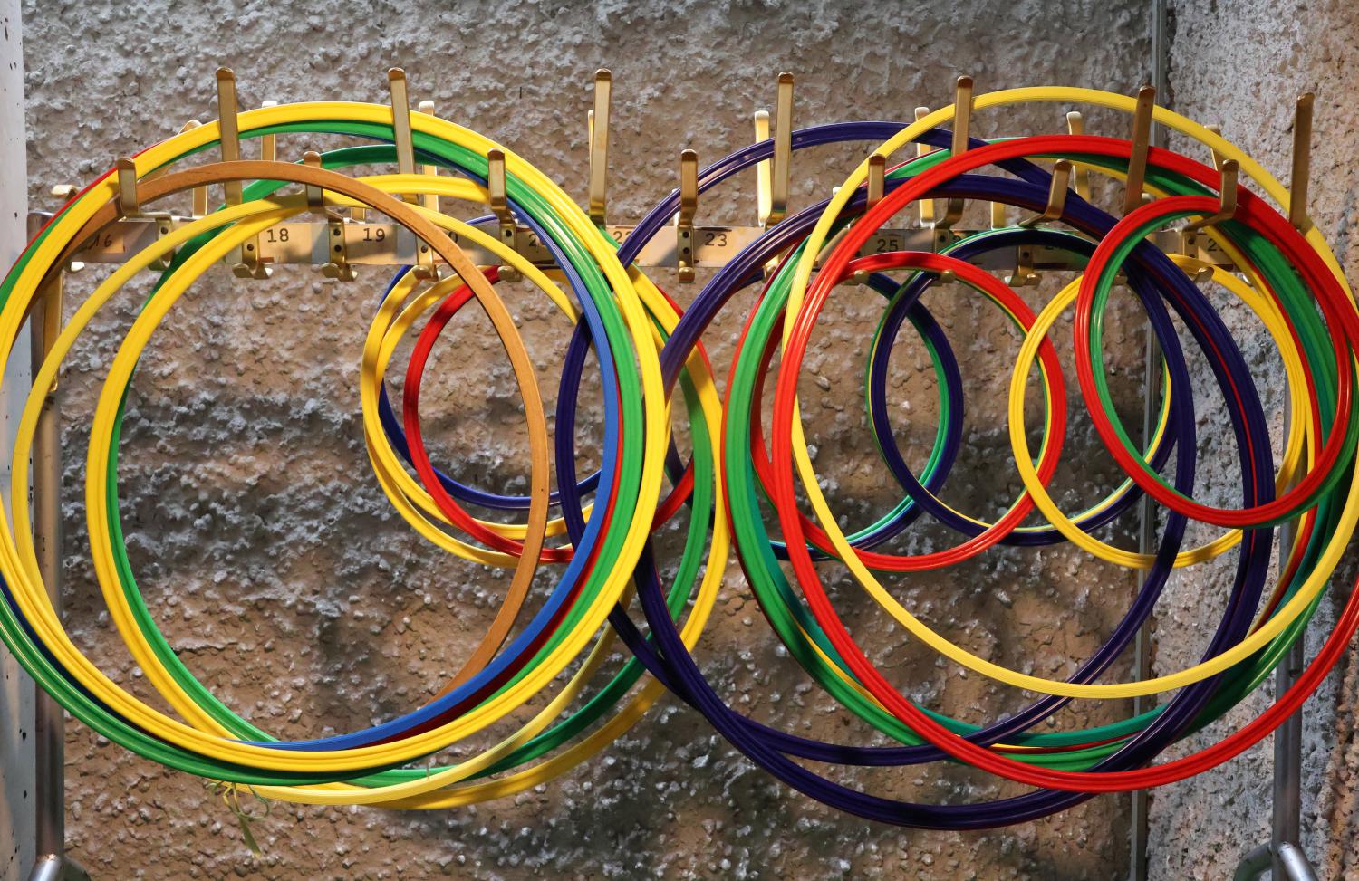 Mehrere bunte Gymnastikreifen hängen ordentlich sortiert an einer Wandhalterung.