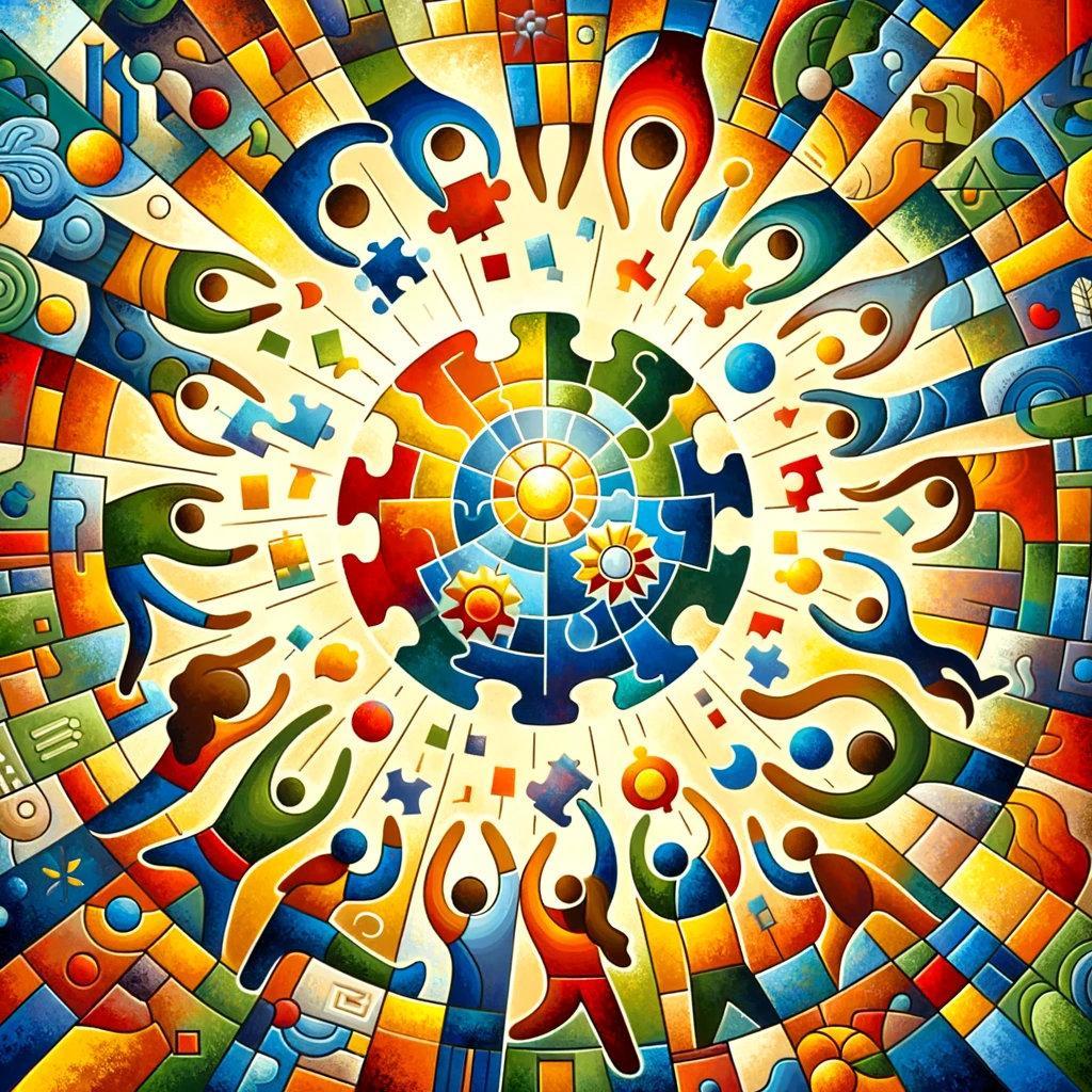 Vielfältige Menschen vereint in einem farbenfrohen Puzzle der Gemeinschaft.
