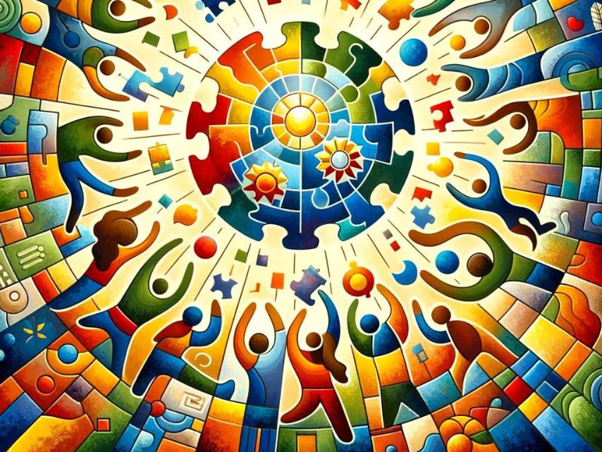 Vielfältige Menschen vereint in einem farbenfrohen Puzzle der Gemeinschaft.