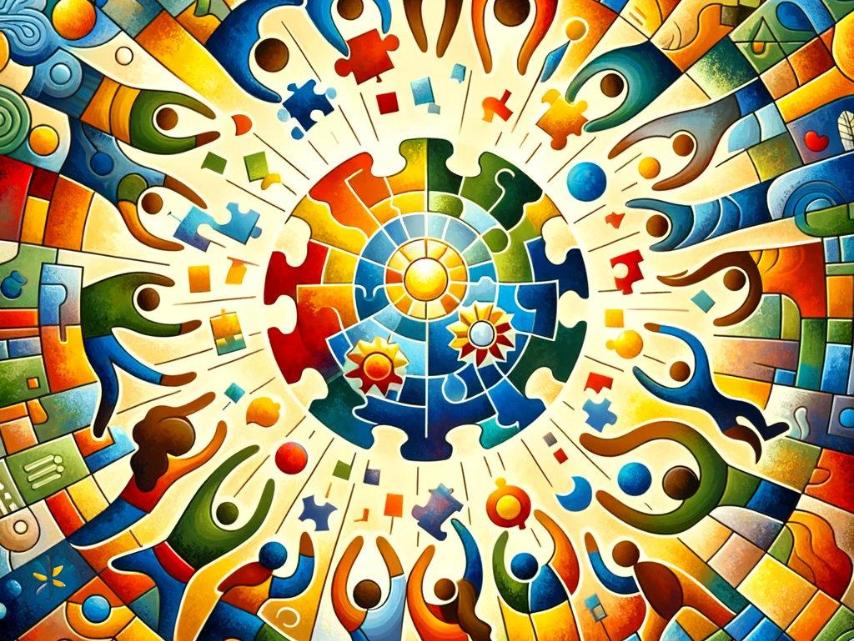 Vielfältige Menschen vereint in einem farbenfrohen Puzzle der Gemeinschaft.