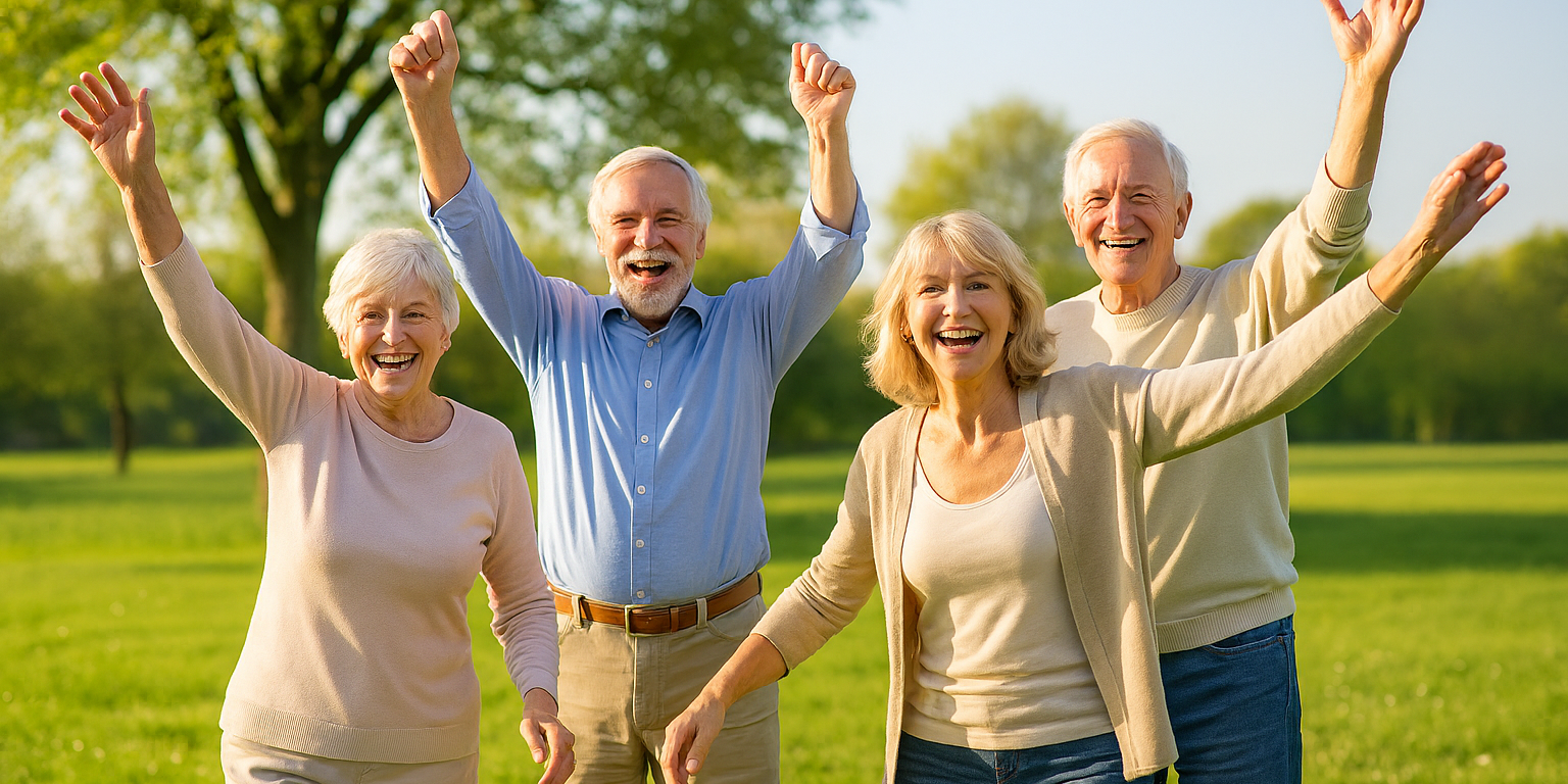 Vier ältere Personen stehen im Freien und heben gemeinsam die Arme.