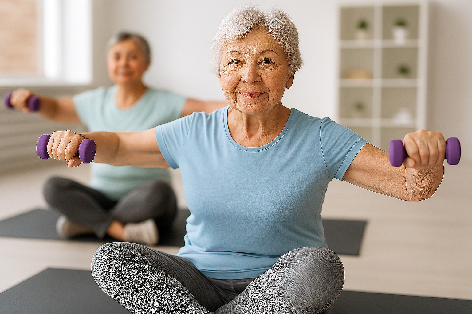 Zwei ältere Personen sitzen auf Yogamatten und machen mit kleinen violetten Hanteln eine sanfte Armübung in einem hellen Trainingsraum.