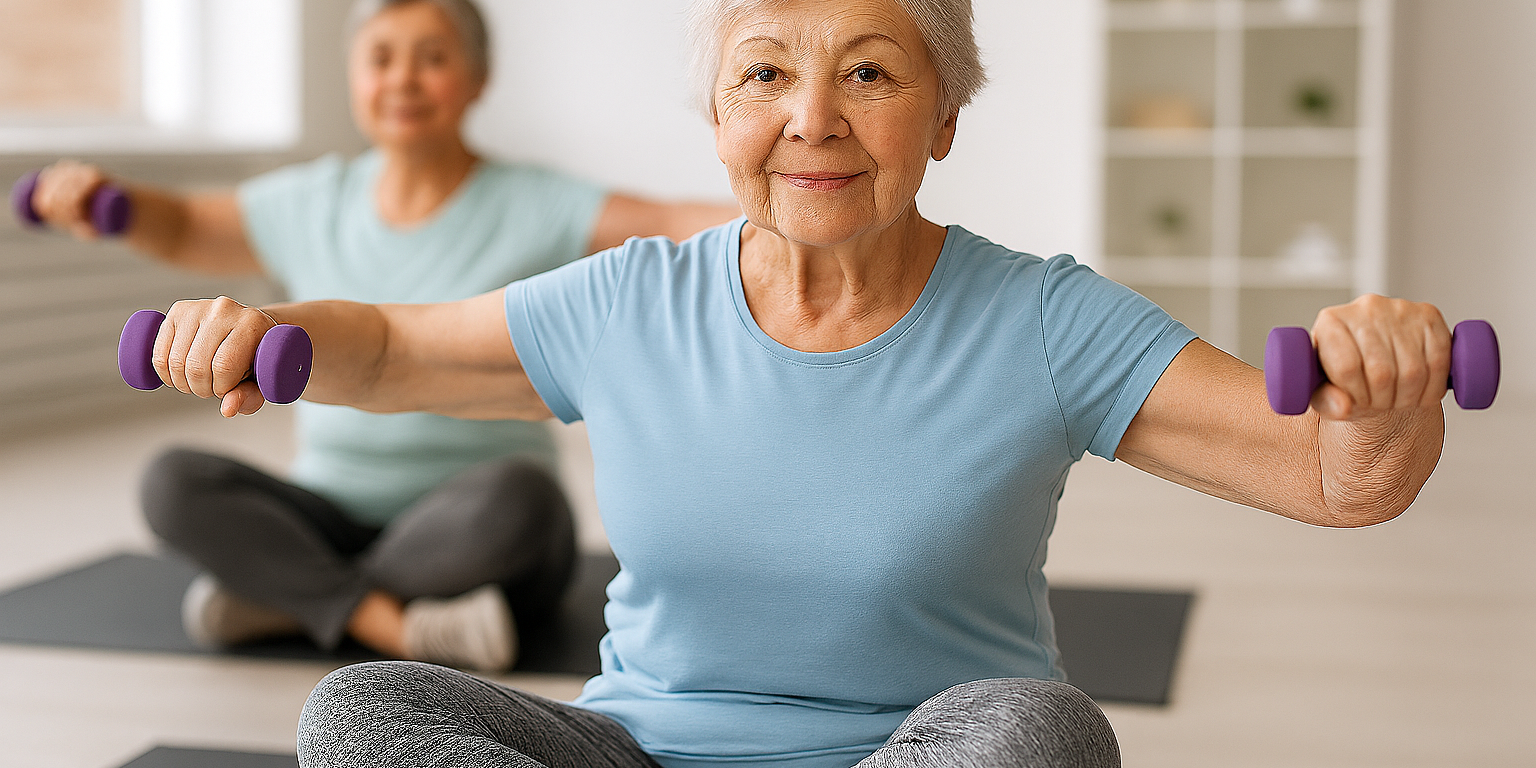 Zwei ältere Personen sitzen auf Yogamatten und machen mit kleinen violetten Hanteln eine sanfte Armübung in einem hellen Trainingsraum.