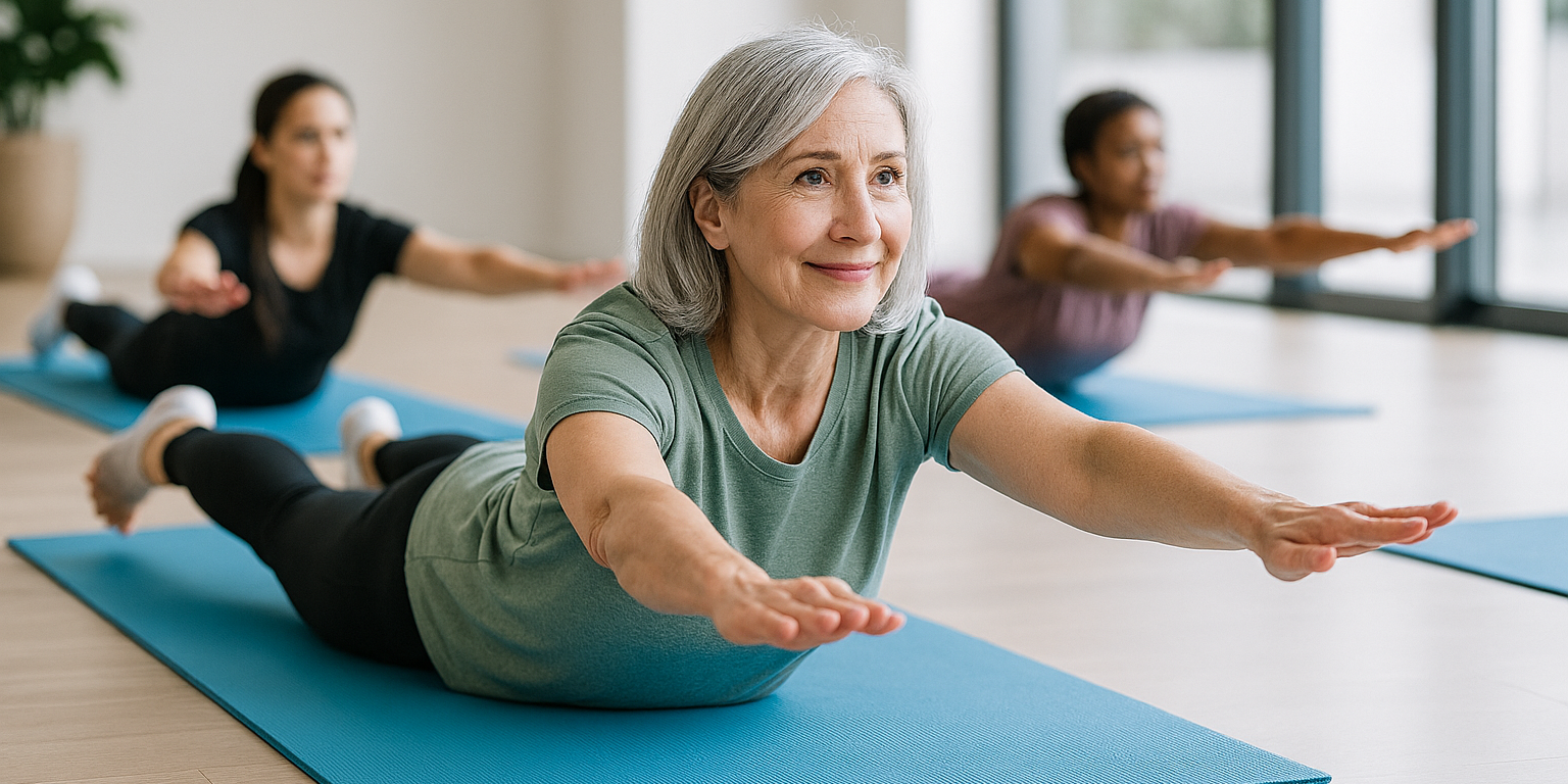 Eine Gruppe macht in einem hellen Raum eine Rückenübung in Bauchlage auf Matten, Arme und Beine leicht angehoben.