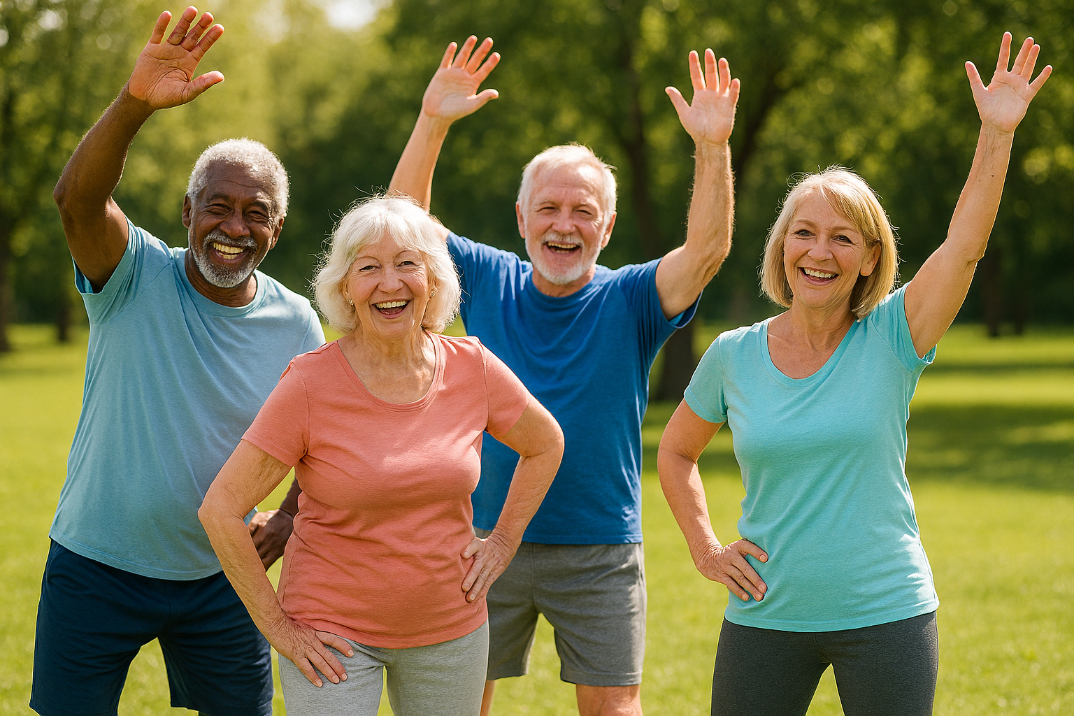 Eine aktive Gruppe älterer Menschen, die gemeinsam im Freien Sport treibt.