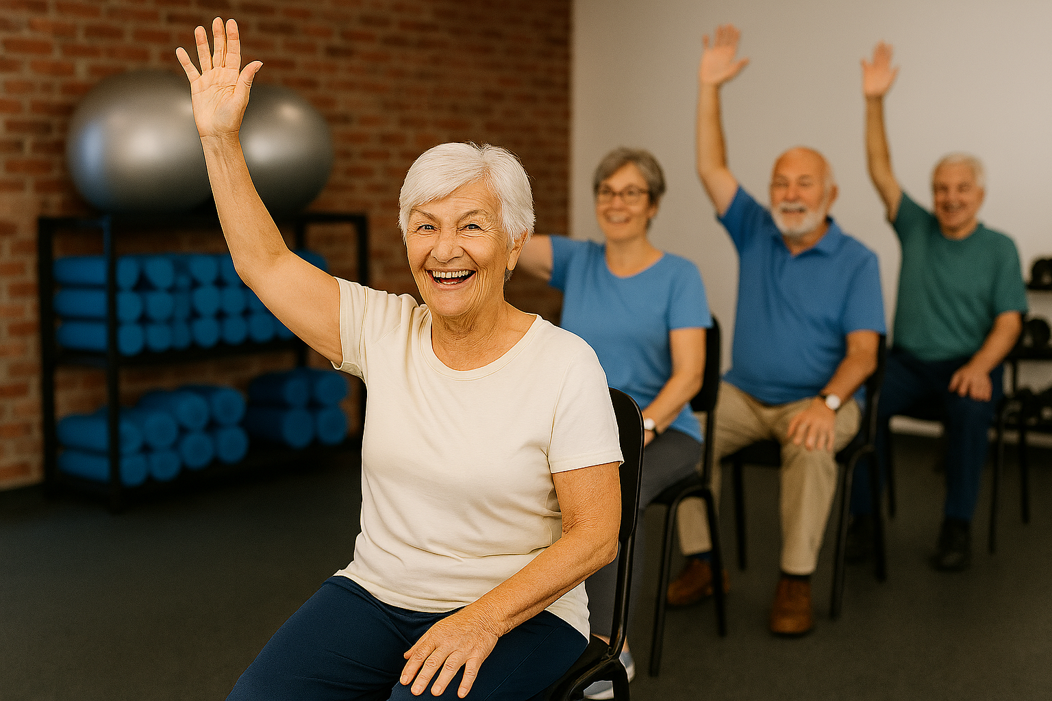 Eine Gruppe älterer Menschen macht gemeinsam Gymnastik auf einem Stuhl.