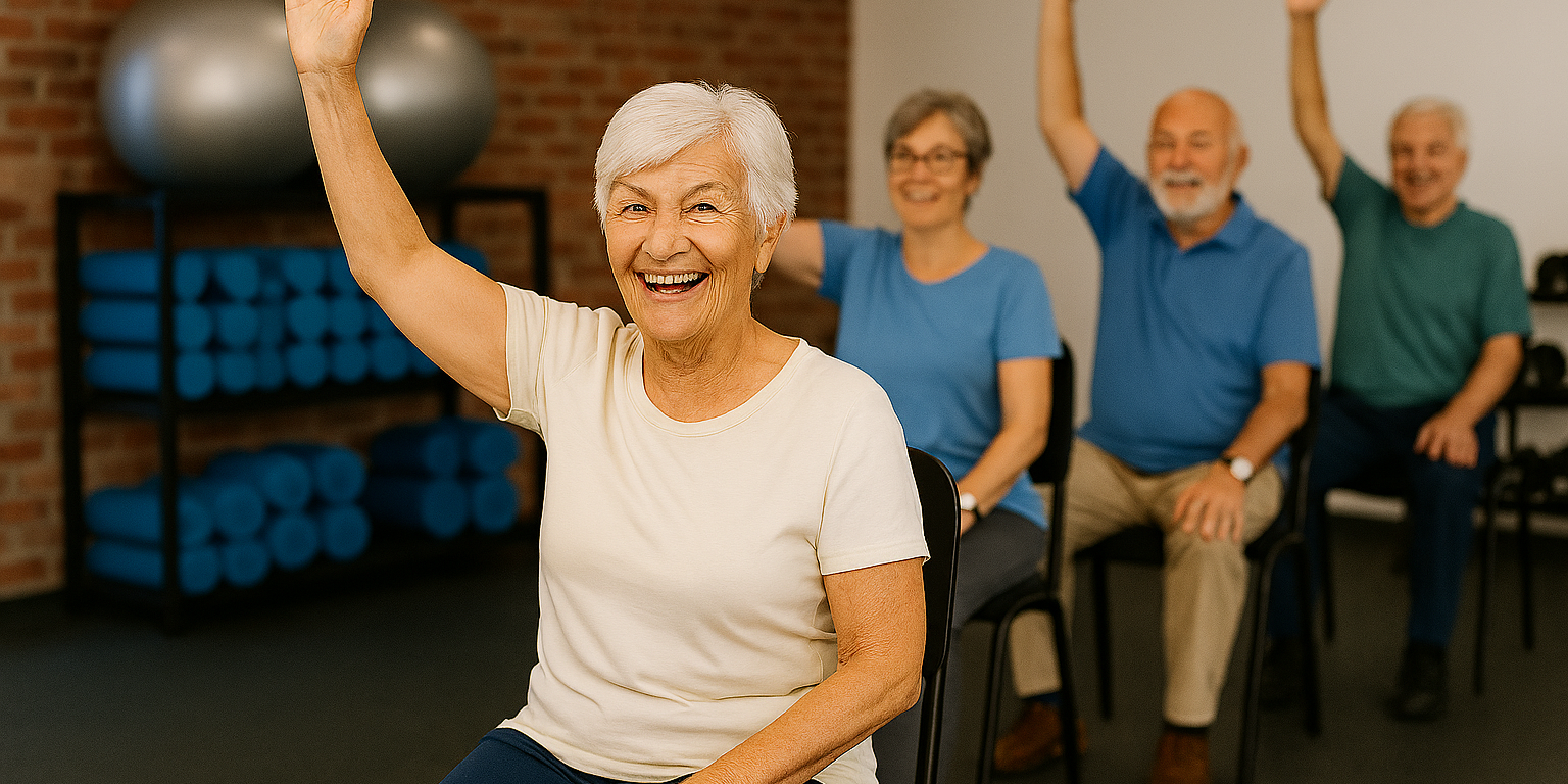 Eine Gruppe älterer Menschen macht gemeinsam Gymnastik auf einem Stuhl.
