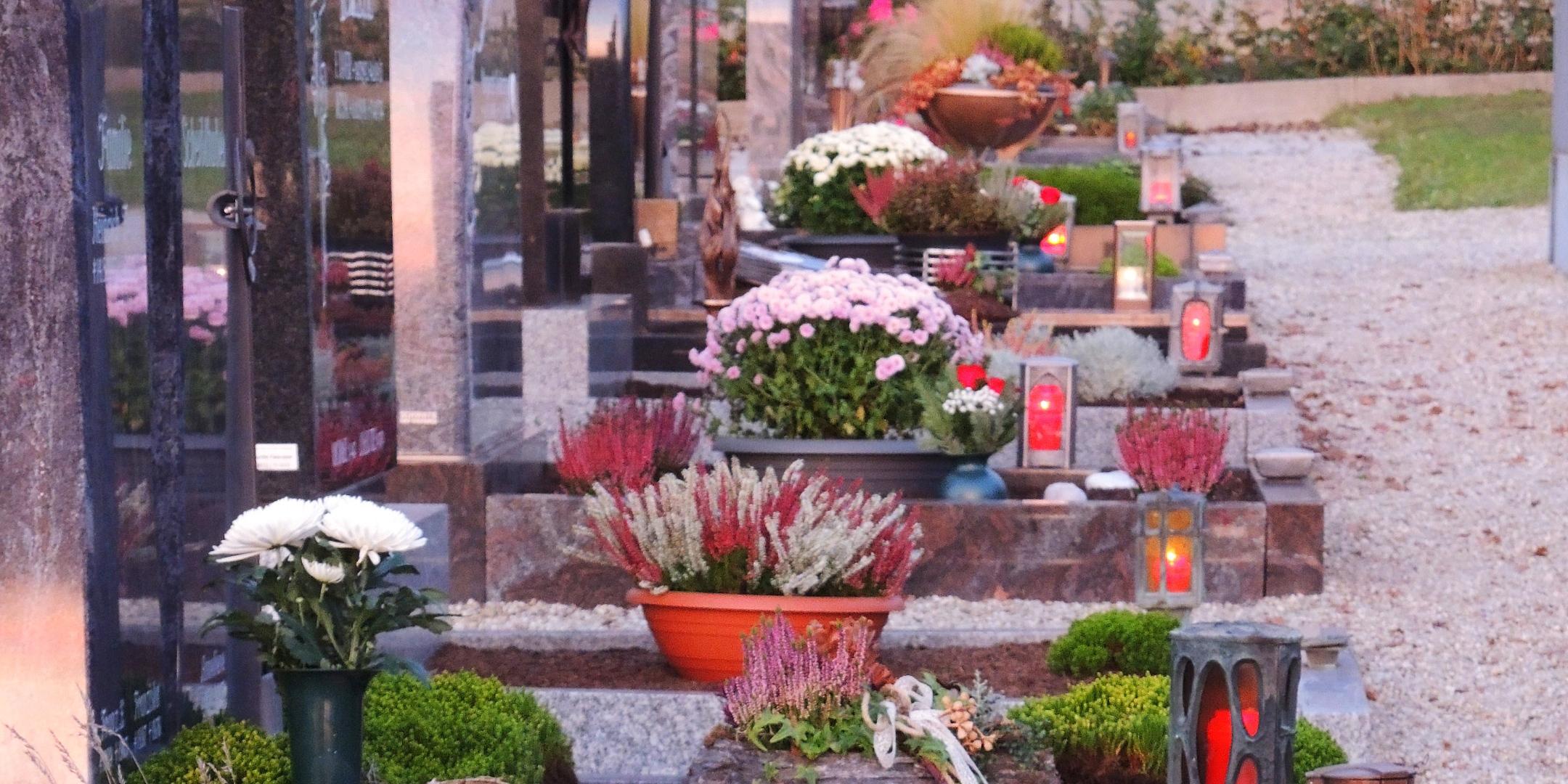 Das Bild zeigt einen Friedhof mit mehreren Gräbern, die liebevoll mit Blumen, Pflanzen und Laternen geschmückt sind.