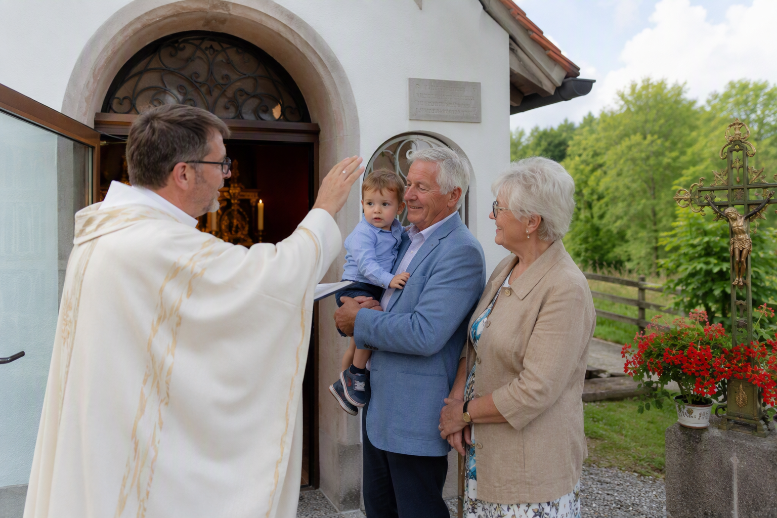 Vor einer kleinen Kapelle wird ein Kind mit seinen Großeltern gesegnet.