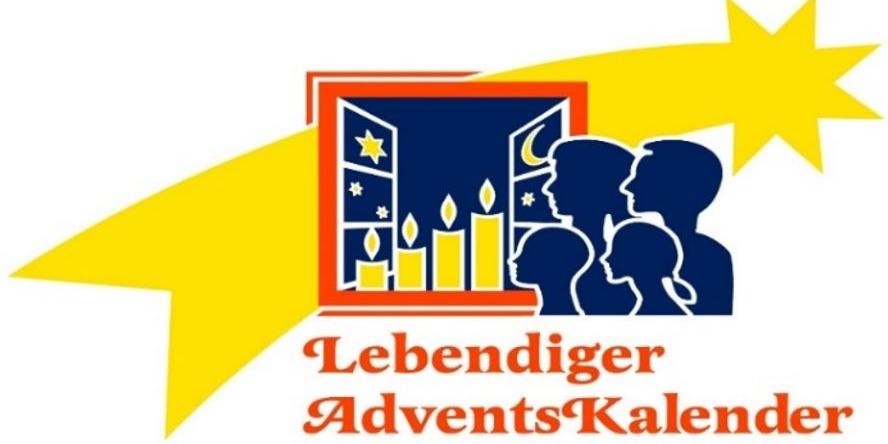 Das Bild zeigt ein stilisiertes Logo mit einer geöffneten Fensterfront, hinter der vier Kerzen brennen, umgeben von Sternen und Mond, daneben die Silhouetten mehrerer Personen vor einem großen gelben Stern und dem Schriftzug „Lebendiger AdventsKalender“.