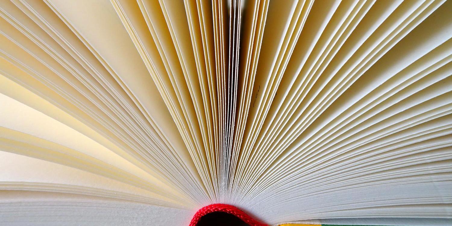 Aufgeschlagenes Buch Aufgeschlagenes Buch, Seiten fächerförmig aufgeblättert, rotes Leseband sichtbar.