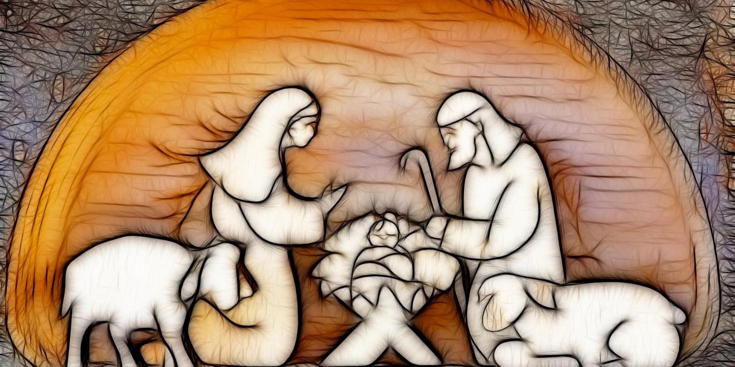 Eine stilisierten Krippenszene mit Maria, Josef, dem Jesuskind in der Krippe und zwei Tieren unter einem warm leuchtenden Bogen.