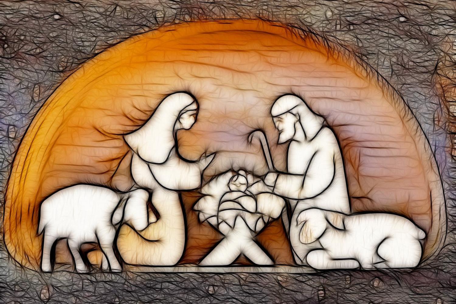 Eine stilisierten Krippenszene mit Maria, Josef, dem Jesuskind in der Krippe und zwei Tieren unter einem warm leuchtenden Bogen.