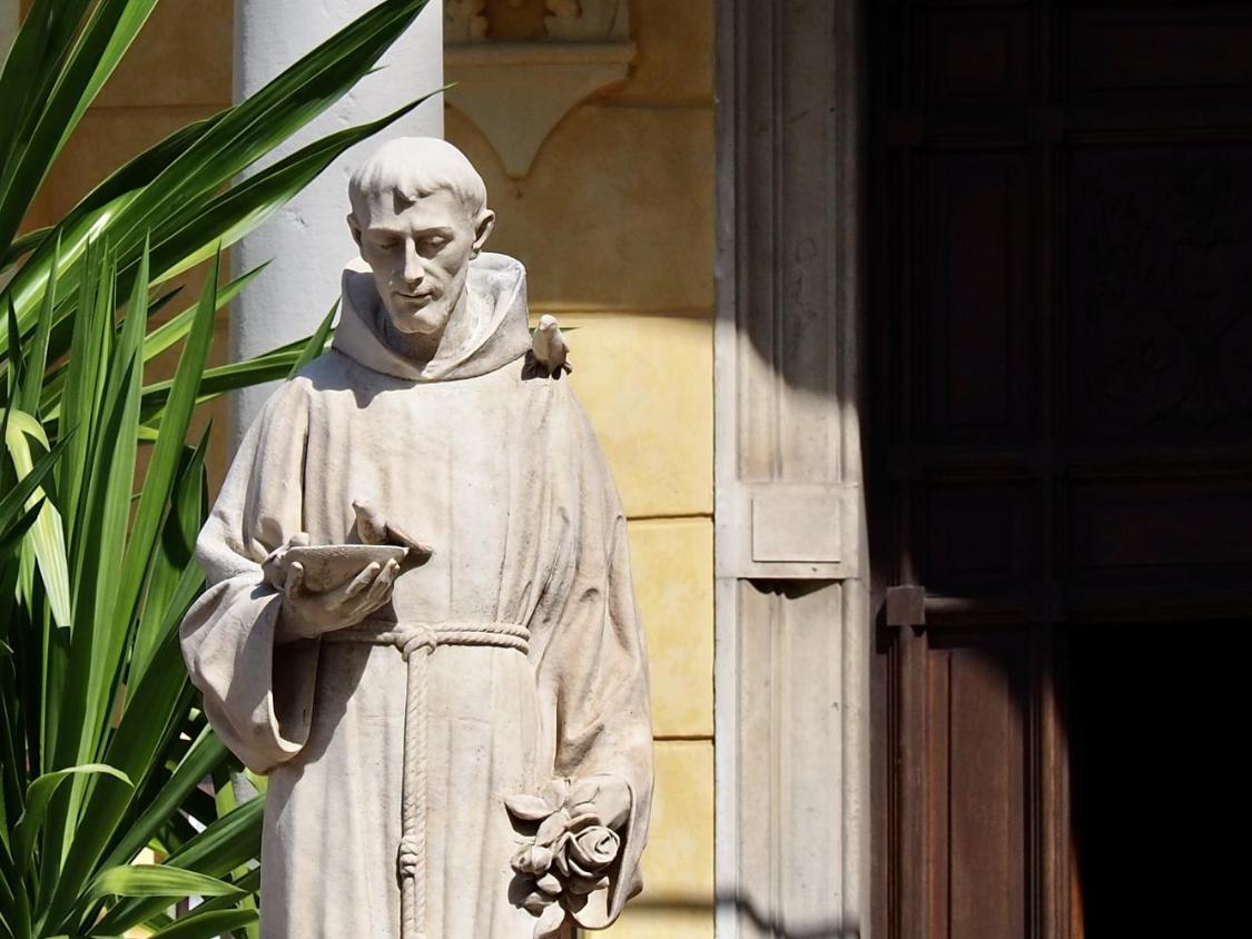 Steinstatue eines Mönchs mit Buch in sonnigem Hof neben einer Pflanze
